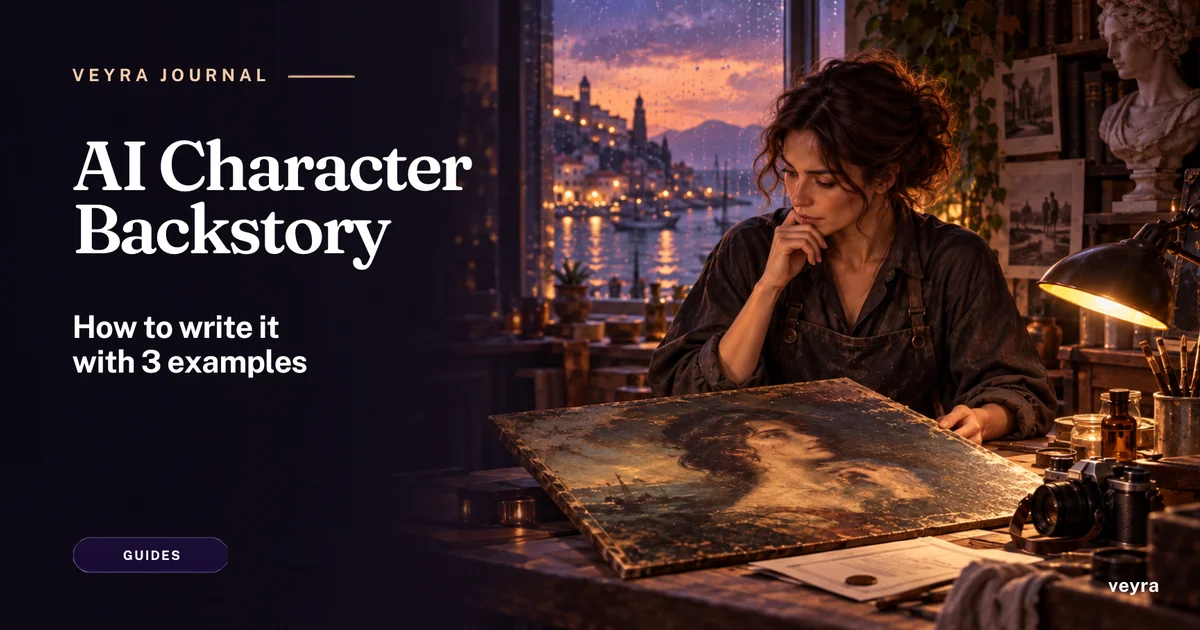 Veyra Journal cover: AI Character Backstory, How to write it with 3 examples, beside a fictional adult art restorer in her workshop